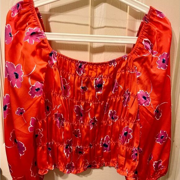 Sanctuary Satin Floral Square Neck 3/4 Puffed Sleeve Top Size S-MSRP $109 NWT - Picture 2 of 4